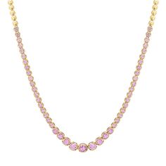 An updated take on a timeless piece, our Graduated Pink Sapphire Tennis Necklace is handcrafted in 18-karat yellow gold and set with 3.0 carats of round, brilliant cut pink sapphires in varying size - with the largest pink sapphires set in the center and gradually get smaller until they meet the plain, polished gold bezels that comprise the rest of the necklace. Carat Weight: 3.0 ct Necklace measures 16 inches in length Push Clasp Fastening with Safety Made with love in Los Angeles Complimentary Luxury Pink Diamond Cut Jewelry, Luxury Pink Necklace With Brilliant Cut, Pink Diamond Necklace For Formal Occasions, Luxury Pink Necklaces With Brilliant Cut, Formal Pink Diamond Necklace, Gold Jewelry With Pink Sapphire For Formal Occasions, Formal Gold Jewelry With Pink Sapphire, Luxury Pink Necklaces With Sparkling Stones, Luxury Pink Diamond Necklace