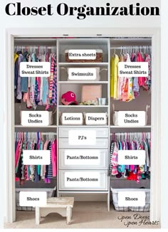 an organized closet with clothes and other items on the shelves, labeled in white letters