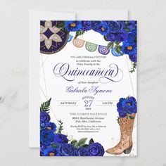 a blue and white floral wedding card with cowboy boots on the front, surrounded by greenery