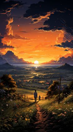 a painting of a man walking down a dirt road at sunset with the sun in the distance