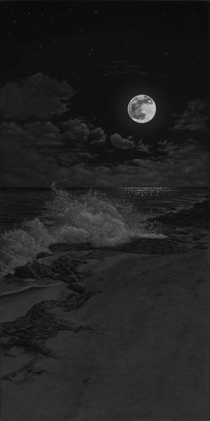 a full moon is seen over the ocean with waves crashing on the shore and dark clouds are in the sky