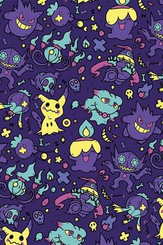 an image of many different cartoon characters on a purple background with blue and yellow colors