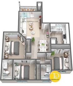 two bedroom apartment floor plan with living room, dining area and kitchen in the center