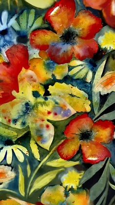 watercolor painting of colorful flowers and leaves