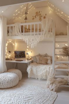 a loft bed with lights on the ceiling and white rugs in front of it