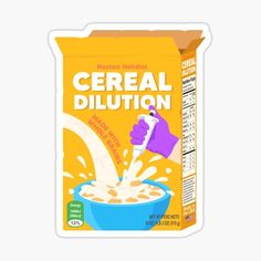 cereal is being poured into a blue bowl sticker with the word cereal dilition on it