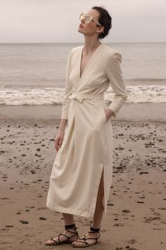 Milan Dress - Ivory Silk Noil - Heidi Merrick Long Pencil Skirt, Silk Noil, Pleated Sleeves, Wrap Belt, Flattering Dress, Ivory Silk, Knit Blazer, Flattering Dresses, Suits Coats