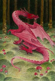 a red dragon sitting on top of a lush green field