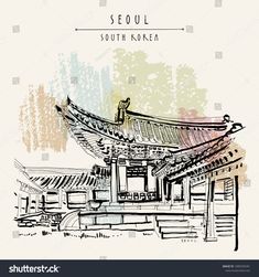 Gyeongbokgung Palace Drawing, Hanoi Illustration, South Korea Drawing, Ancient Korean Clothing, Korean Architecture, Postcard Poster, Gyeongbokgung Palace, Infographic Design Inspiration