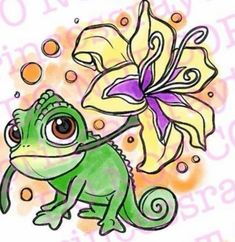 a drawing of a green lizard holding a flower with purple and yellow flowers in the background