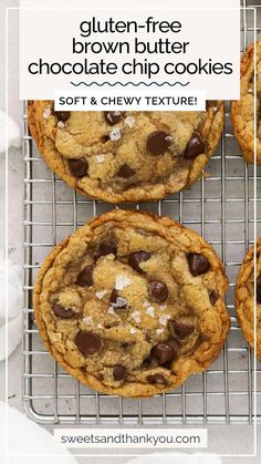 gluten - free brown butter chocolate chip cookies on a cooling rack with text overlay