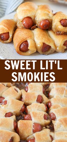 hot dogs are wrapped in crescent rolls and sitting on a plate with the words, sweet lil's smokies