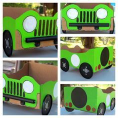 four different views of a green car made out of cardboard