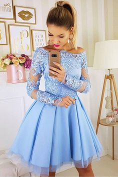 Blue Off the Shoulder Lace Appliqued Tulle Homecoming Dress with Long Sleeves N1866 Tulle Short Dress, Robes D'occasion, Homecoming Dresses Lace, Mini Prom Dresses, Tulle Homecoming Dress, Blue Homecoming Dresses, Blue Tulle, Short Homecoming Dress, Short Lace Dress