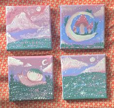 four square paintings with different designs on them