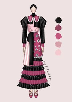 a drawing of a woman in a pink dress with black and white stripes on it