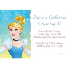 the princess is turning 5 birthday party card with an image of cinderella from disney's animated