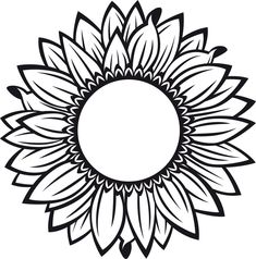 a black and white drawing of a sunflower with leaves on it's petals