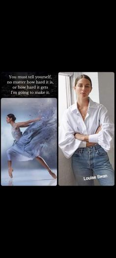 a woman in white shirt and jeans posing with her arms crossed, next to an image of a dancer