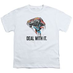 The Superman Deal With It Kids Youth T Shirt Item Description: The Superman Deal With It kids youth t-shirt is made from 100% pre-shrunk medium weight cotton.  Every item we sell is original and fully licensed. If a shirt is designated as "distressed", the design contains intentional skips and voids which give the shirt a worn-in or vintage look. These are part of the actual design and do not reflect poor printing. The images shown are provided by the manufacturer and in some cases the actual de Superman T Shirt, Deal With It, Shirt White, Mens Tank Tops, Superman, Kids Hoodie, Dc Comics, Hoodies Womens, Tank Tops Women