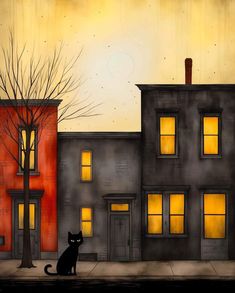 a black cat sitting on the sidewalk in front of two buildings at night with windows lit up