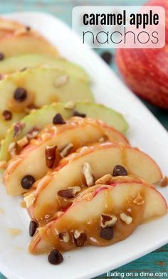 caramel apple nachos on a white plate