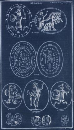 four different types of zodiac signs on a blueprinted paper with white writing and black ink