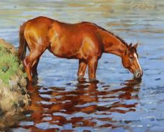 a painting of a brown horse drinking water from a river with rocks in the background