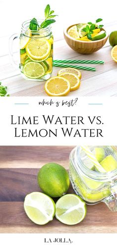 lemon water and limes on a wooden table