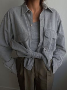 "Vintage 90s Light Gray Flannel Oversized Boyfriend Button Up Shirt | Made in USA |  On Trend | Minimalist Size: large Color: light grey Made in USA Measurements underarm to underarm 23\" / shoulder to shoulder 23.5\" / sleeve length 18.25\" / shoulder to hem 28\" All sales are final." Dark Gray Button Up Shirt Outfit Women, Vintage Relaxed Fit Button-up Shacket, Grey Button Up, Vintage Button-up Relaxed Fit Shacket, Vintage Button-up Shacket In Relaxed Fit, Everyday Gray Button-up Shirt, Vintage Winter Tops For Everyday, Light Grey Shirt Outfit, Grey Button Up Shirt Outfit