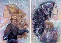 two paintings of women with different hair styles