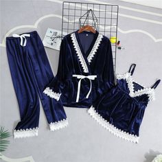 Autumn New Velvet 3PCS Strap Top Pants Robe Home Wear Women Pajamas Suit Casual V Neck Home Wear Women, Warm Pajamas, Home Wear Women Pajamas, Suit Casual, Homewear Fashion, Women Pajamas, Woman Clothes, Pants Suit