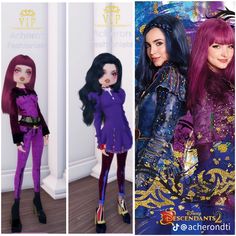 three different pictures of dolls with purple hair and clothes, one is wearing black boots