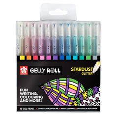 the gelly roll markers are set up in a box with four different colored pens