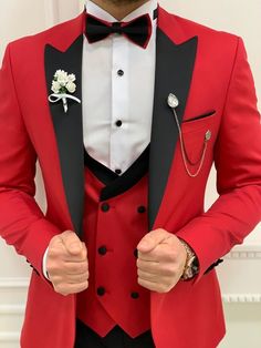 Model Details: Height: 180cm, Weight: 165lbs | His Size: EU50Size Chart and Measurement Guide is attached in end of Product Photos.-----------------------------------------------------Product Details:Men 3 Piece Suit: ( Jacket, Vest, Pants, Bow Tie)Color: Red Jacket & Vest + Black PantsPattern: Peak LapelStyle: One ButtonCollection: GENTWITH Spring - Summer 2021Product: Slim Fit TuxedoColor Code: RedSize: 46-48-50-52-54-56Suit Material: 65% Polyester, 35% ViscoseDrop: 6Machine Washable: NoFi Peak Lapel Tuxedo, Men Suits Wedding, Red Tuxedo, Suits Prom, Pants Gift, Code Red, Slim Fit Tuxedo, Prom Suits