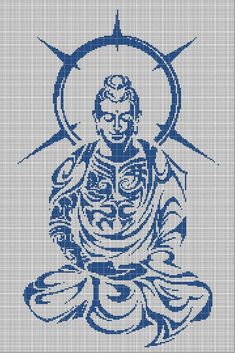 a blue and white image of buddha sitting in the middle of a cross stitch pattern