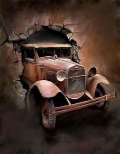 an old car is shown through a hole in the wall that has been painted brown