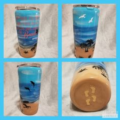 four shots of the same tumbler with different designs on it, and one has an image of a person's footprints