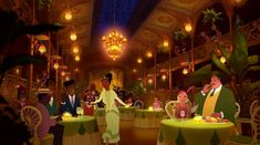 an animated scene of people sitting at tables in a fancy restaurant with chandeliers hanging from the ceiling