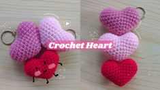 two crocheted heart keychains with hearts attached to them, one is pink and the other is red