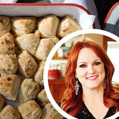 a woman with red hair is smiling next to some pastries and a photo of her