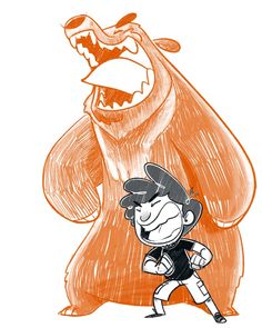 an orange and black drawing of a cartoon character next to a giant monster with sharp teeth