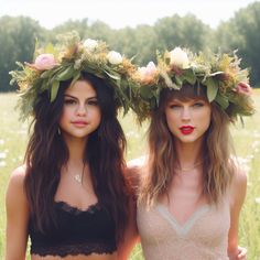 two beautiful young women standing next to each other in a field with flowers on their heads