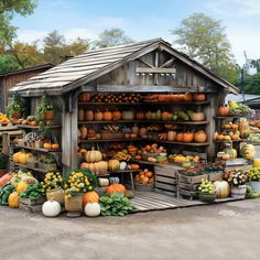 there are many pumpkins and squash on display in the store's outdoor area