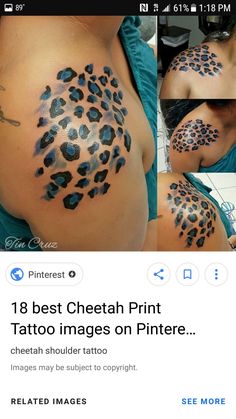 the back of a woman's stomach with tattoos on it and an image of a leopard