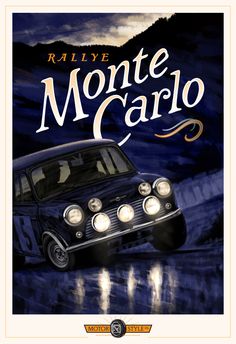 an advertisement for monte carlo with a car driving down the road in front of mountains