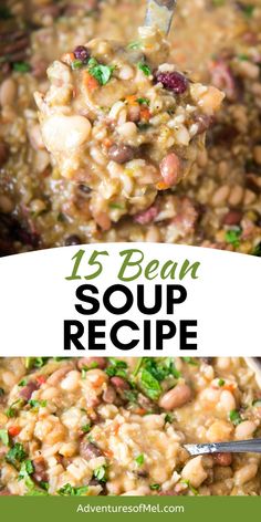 bean soup in a pot with spoon and title text overlay reads 15 bean soup recipe