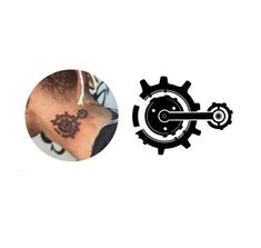 a man with a tattoo on his neck next to an image of a cogwheel