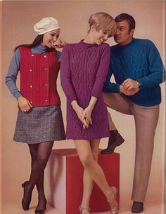 "Bordeaux Bateau vintage 1960s women's cabled sweater vest, women's cabled sweater dress and men's cabled pullover sweater patterns from Spinnerin booklet 195. ★ Vest sizes (shown left): * Bust 37\" * Bust 41\" * Bust 44.5\" Gauge: * 20 st = 4\" ★ Sweater dress sizes (shown center): * Bust 35\" * Bust 37\" * Bust 39\" * Bust 41\" * Bust 43\" * Bust 45\" Gauge: * 26 st = 4\" ★ Pullover sizes (shown right): * Chest 38\" * Chest 42\" * Chest 46\" * Chest 50\" Gauge: * 18 st = 4\" ★ This pattern is 1960s Sweater, Pullover Sweaters Pattern, Vest Patterns, Cable Sweater Dress, 1960’s Fashion, Pullover Vest, Kids Knitting Patterns, Norwegian Sweater, 60s 70s Fashion