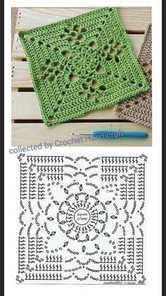 the crochet pattern is shown in green and white